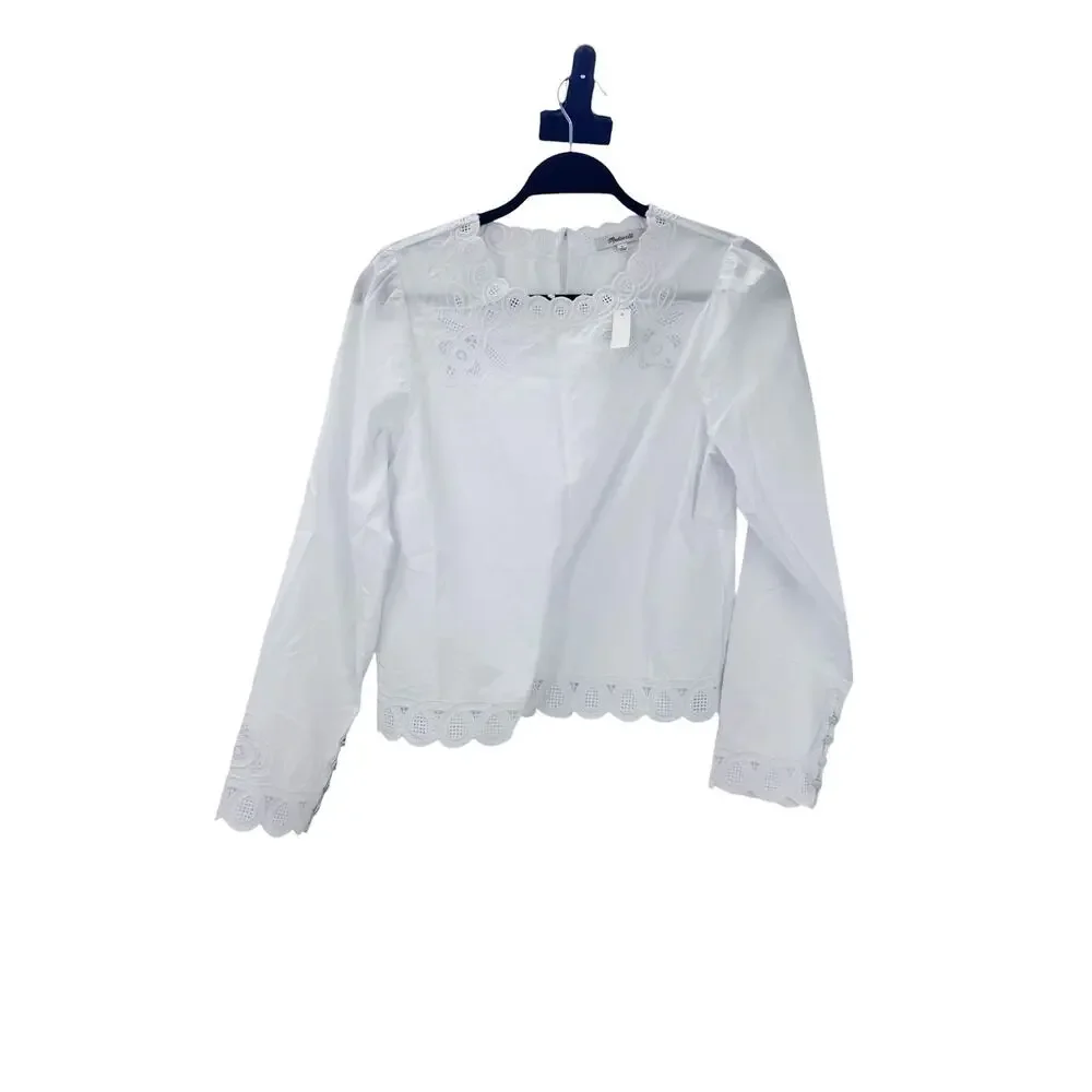 Madewell Women's Embroidered Puff-Sleeve Top in Poplin White Size Small NWT